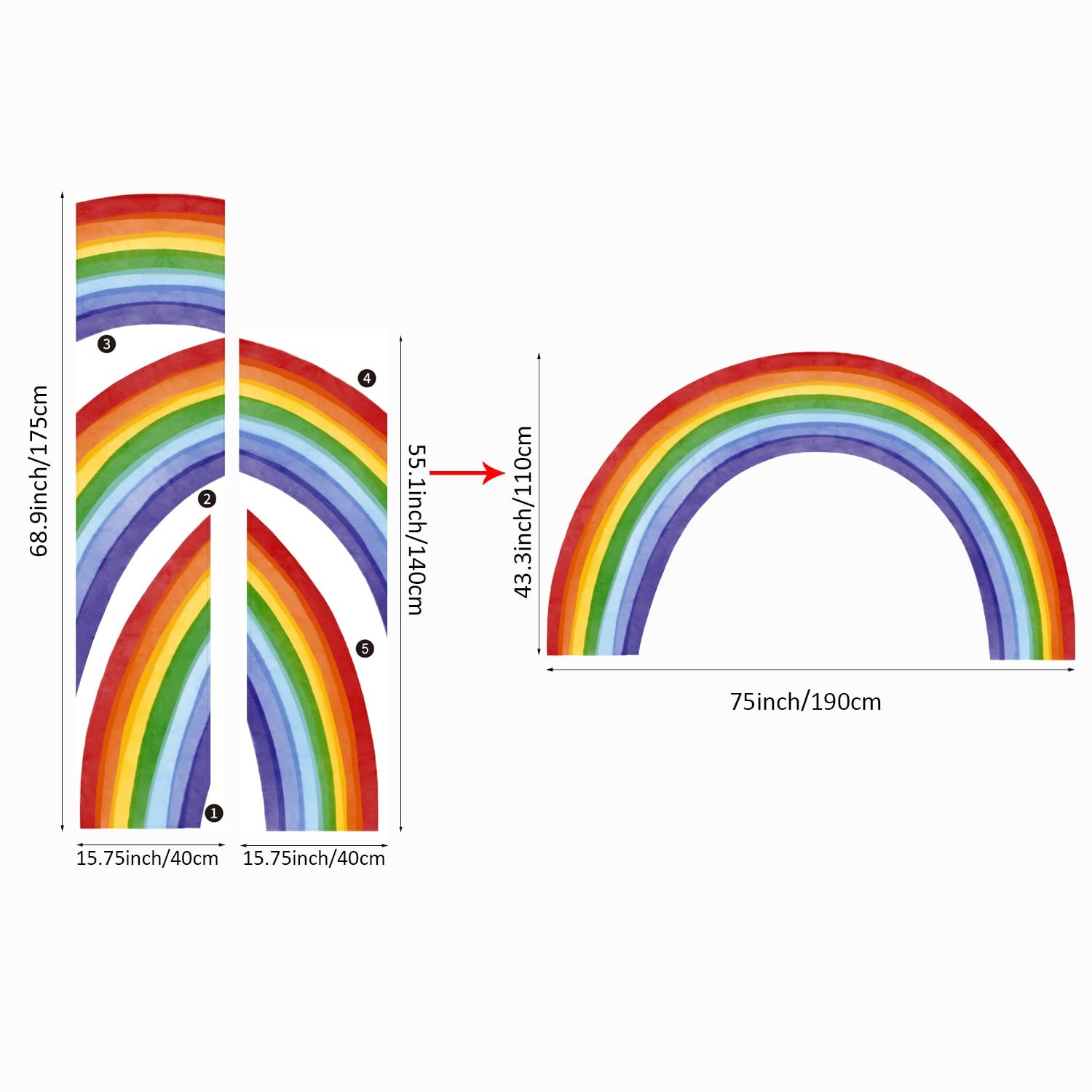 Fabric Large Rainbow Wall Decals Peel and Stick, Precut Original Hand Drawn C…