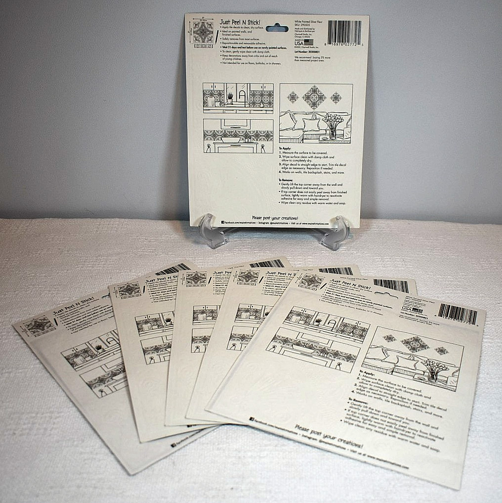 Set of 6, Main Street Creations, Silver Fleur, Peel & Stick Decals, Backsplash +