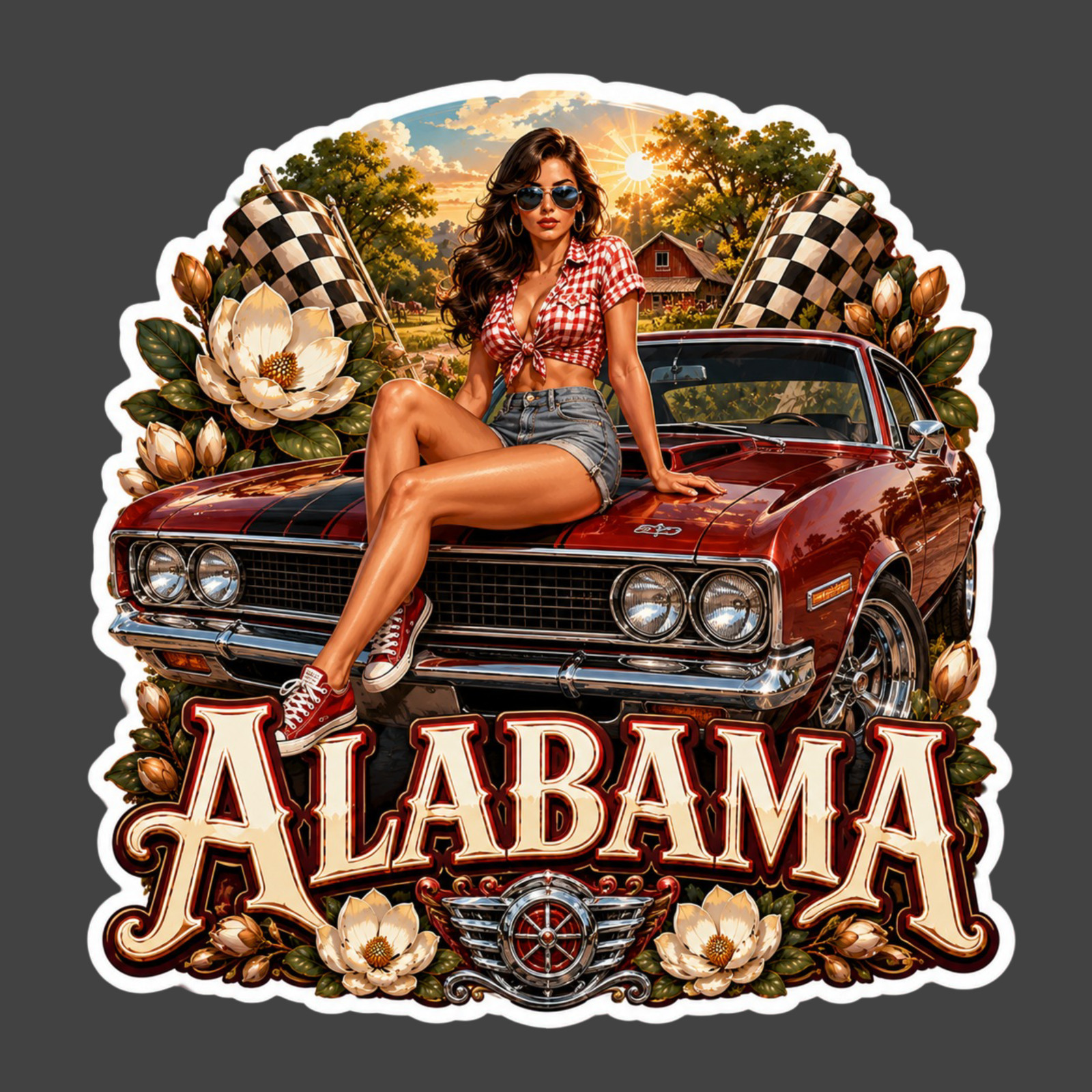 Alabama Sticker Vinyl Decal Pinup Girl Muscle Car Racing Checkered Flags