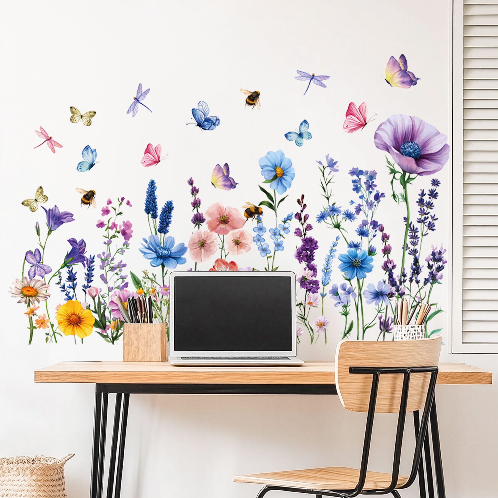 1 Set Colorful Floral Dragonfly Wall Stickers Waterproof Flower Mural Decoration
