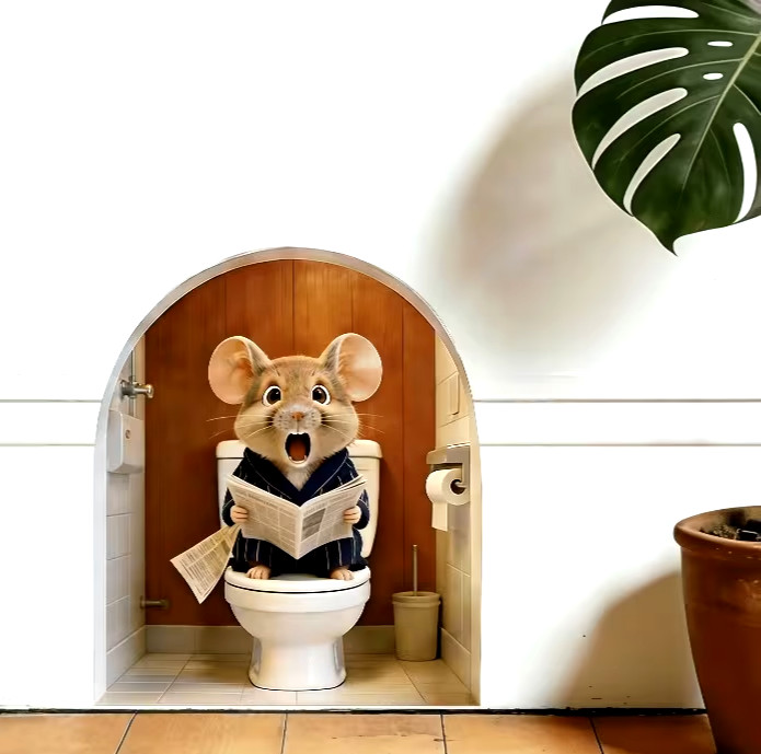 Mouse on Toilet in Mouse Hole – Wall Sticker 3″ x 3.5″ Vinyl Decal Sticker