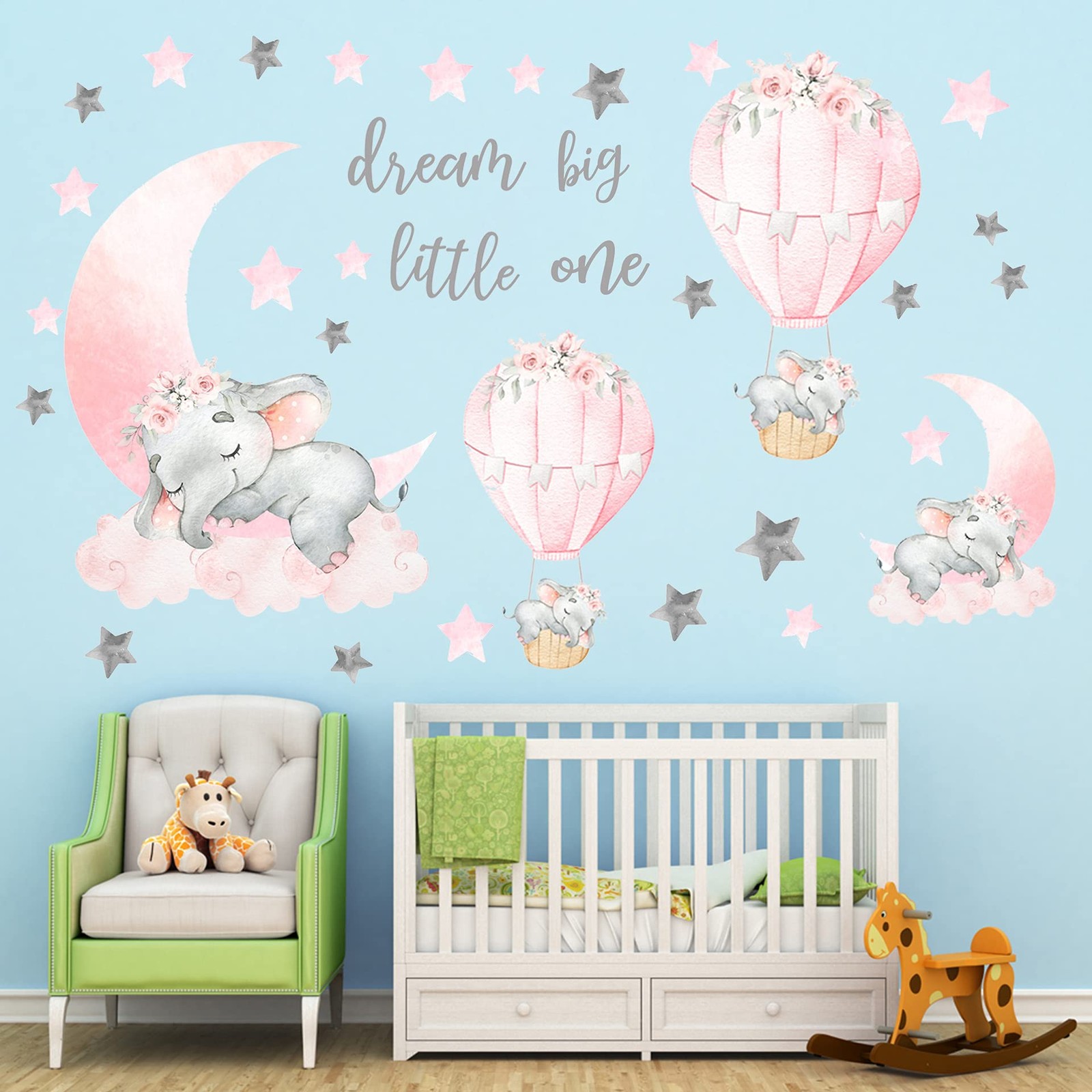 Dream Big Little One Elephant Wall Stickers, Pink 35.4×15.7 inches, Grey,pink
