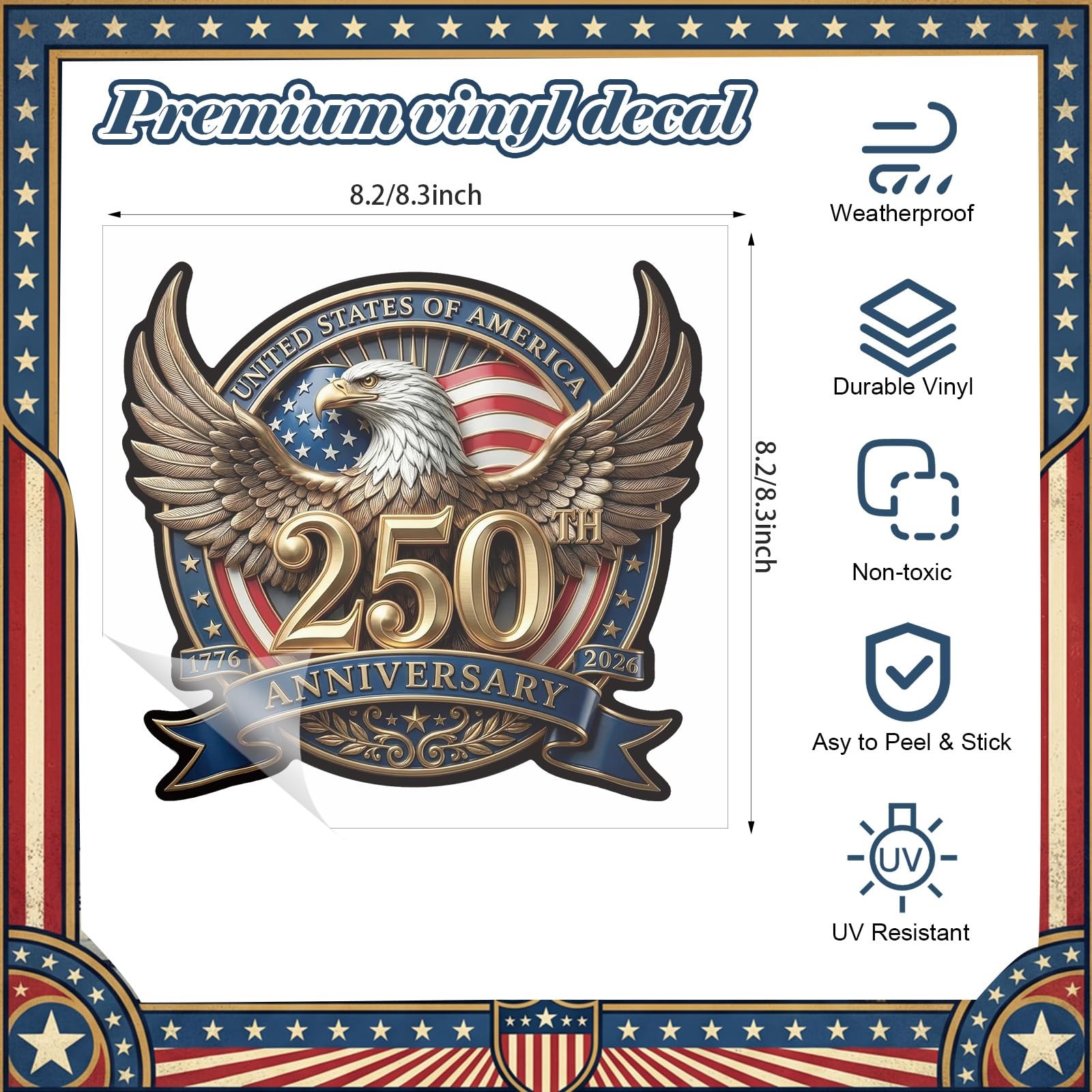5 Pcs 250th Anniversary Car Sticker 8.27″ x 8.27″ USA Patriotic Eagle Decal 4th