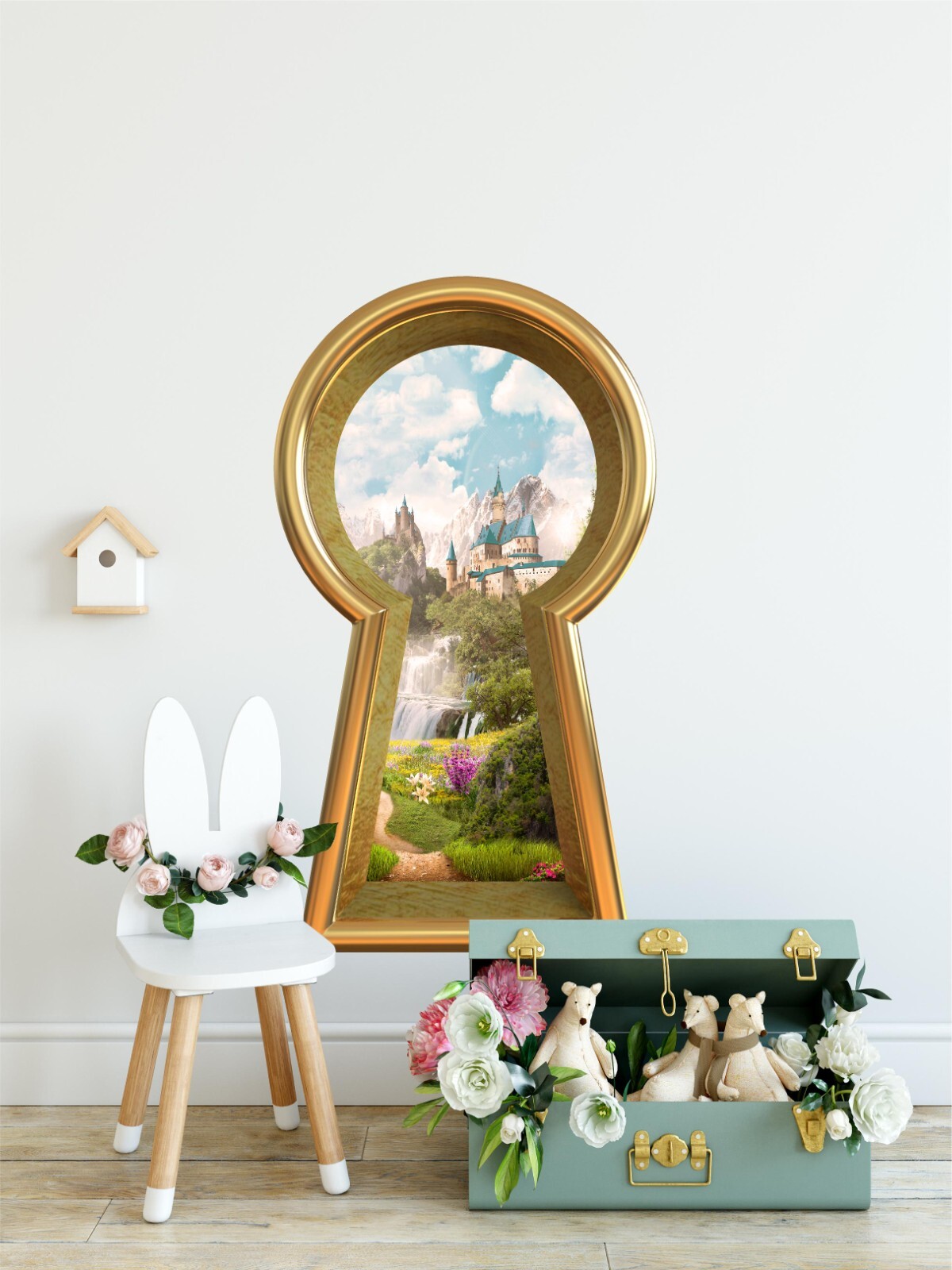 Keyhole Fabric Wall Decal Fairytale Castle Waterfall Mountain View Wall Sticker