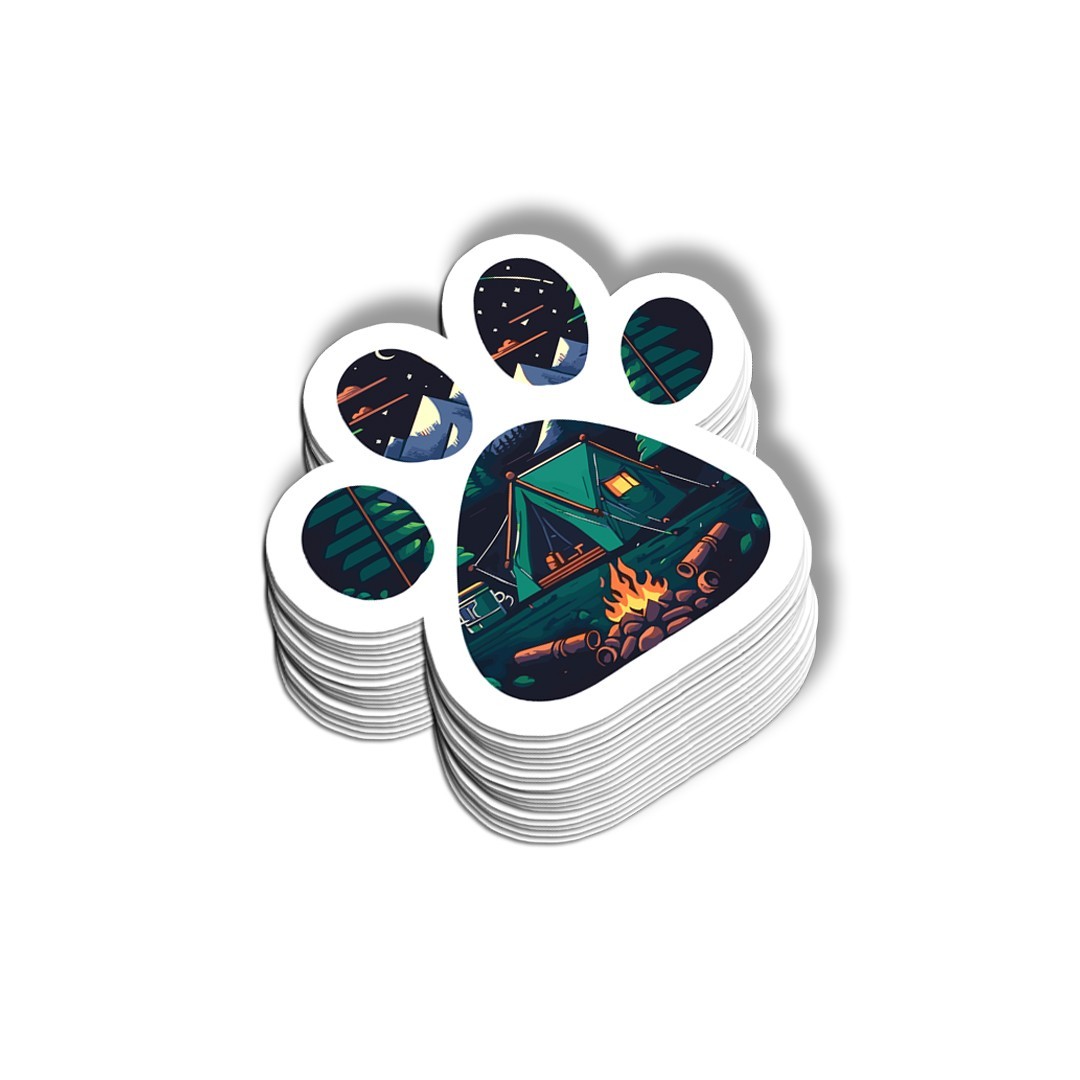 Happy Camper Dog Paw Print Sticker: Camping Vinyl: Water Bottle, Laptop Decal