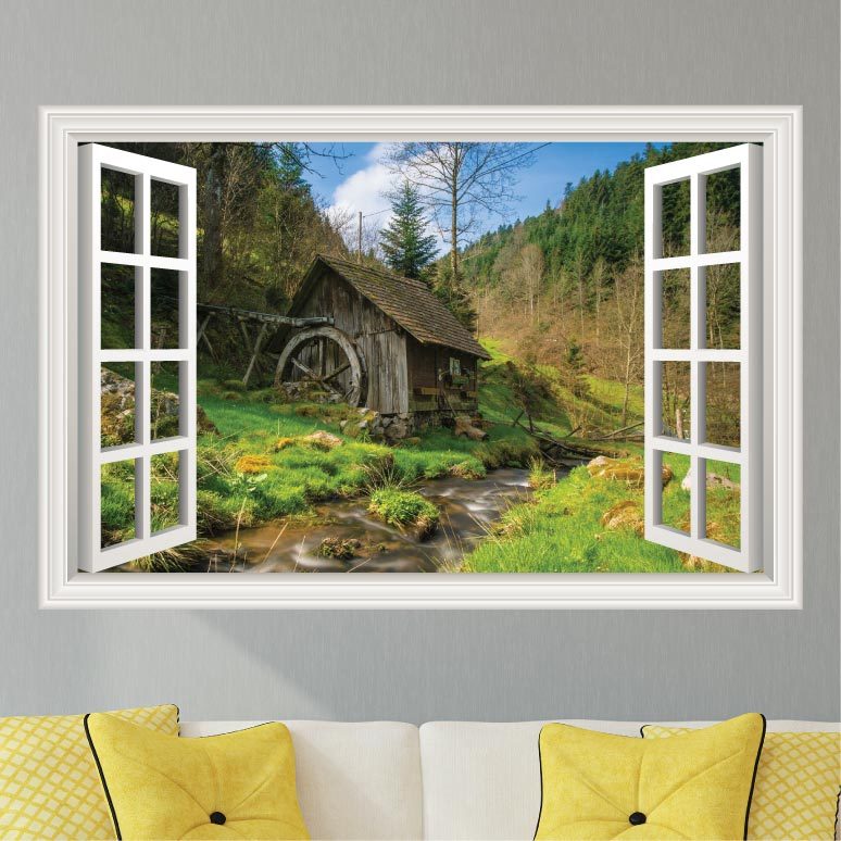 Country Landscape Cabin Stream Wall Decal Sticker Graphic Art – 4 Size Options