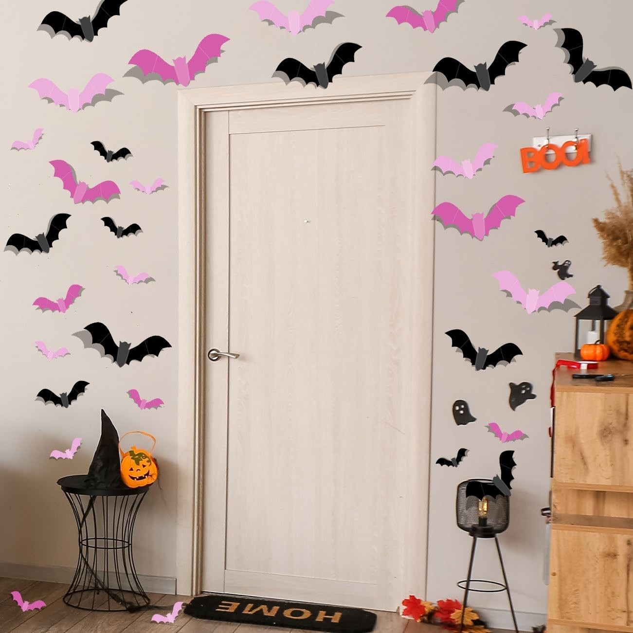 Charming 48PCS Pink Bat Wall Stickers – Glittery Halloween Accent Decor