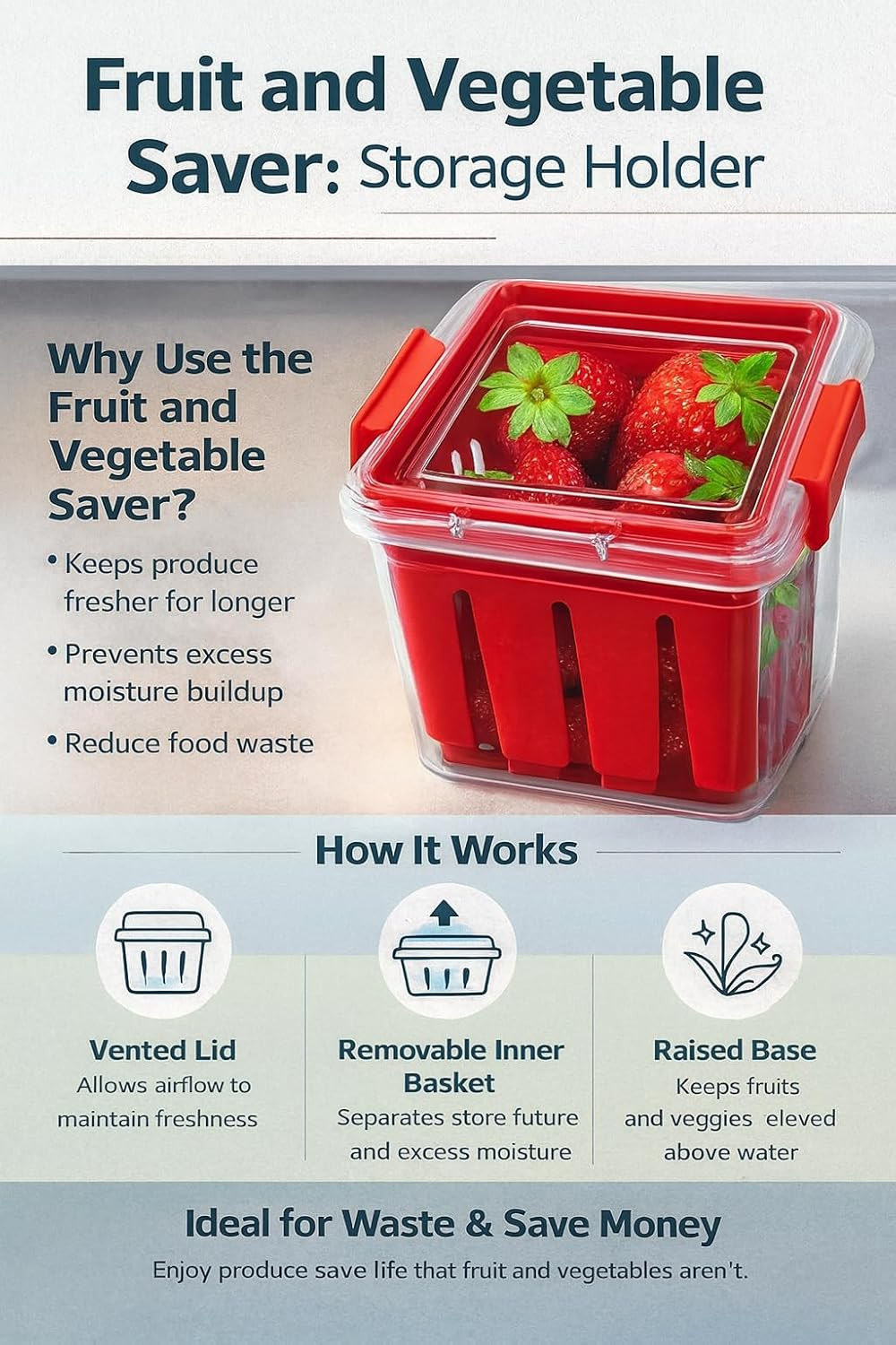 Produce Storage Container with Colander – Rinse, Drain & Keep Fruits Fresh – Bpa