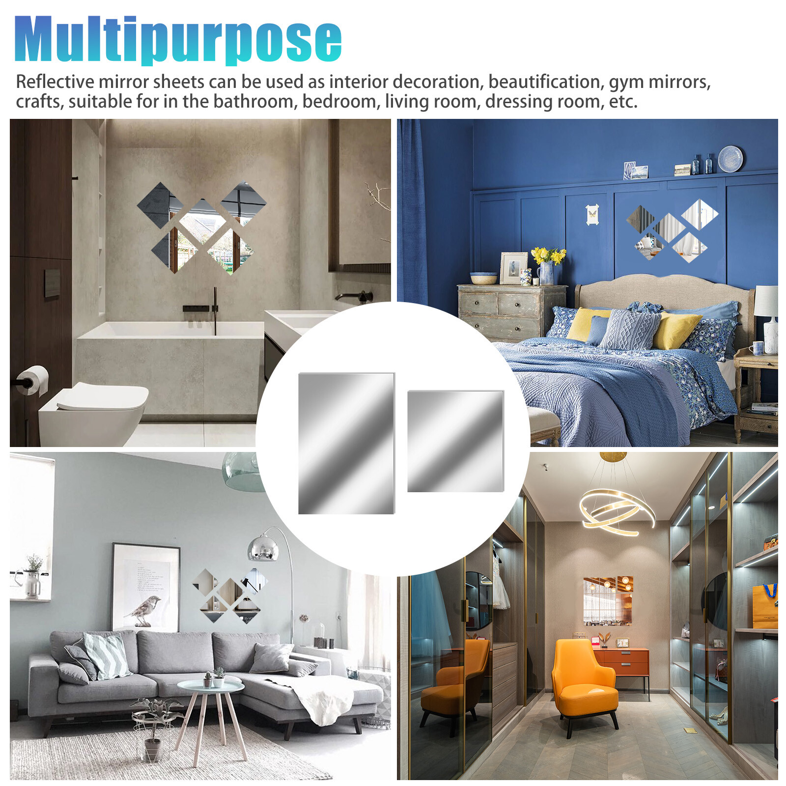 12Pcs 2-Size Self Adhesive Mirror Sheets Reflective Wall Sticker Film Home Decor