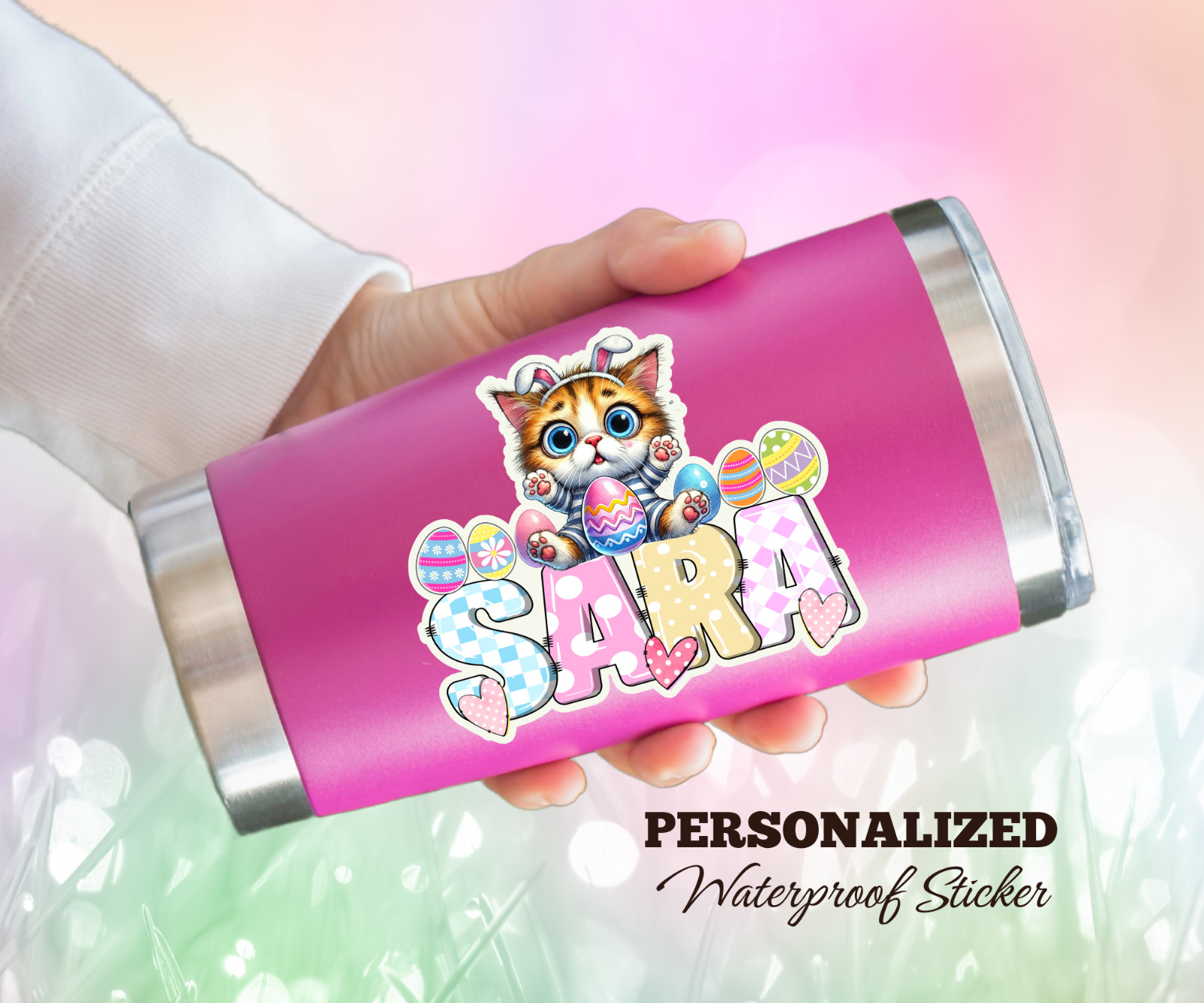 Personalized Easter Cat Name Sticker, Waterproof Vinyl Decal, Cute Gift for Kids