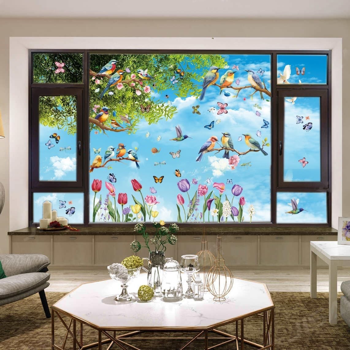 Spring Window Cling Sticker – 78PCS Tulip Butterfly Flower Hummingbirds Windo…