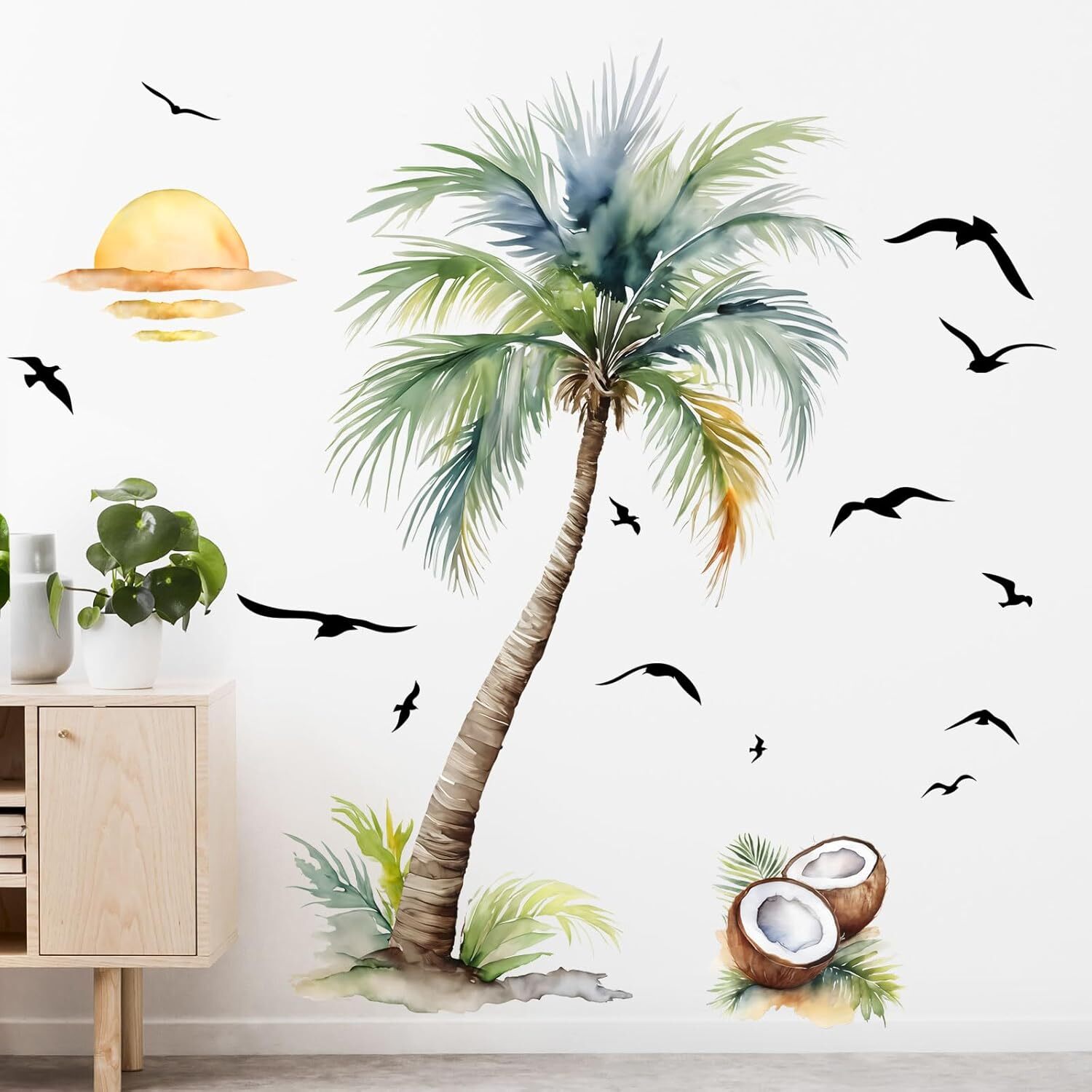 Supzone Palm Tree Wall Decals Tropical Plant Sunset Beach Multi-colored