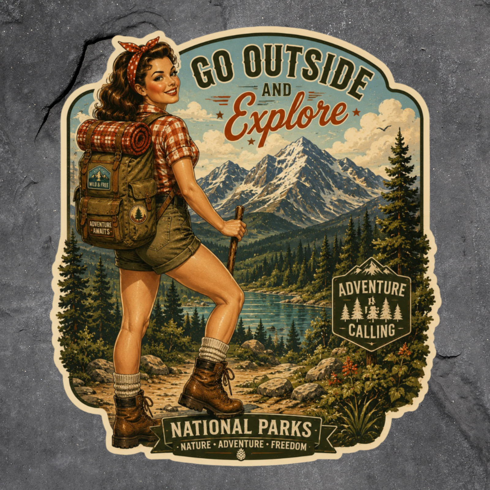 Pinup Girl Sticker Vinyl Decal Go Outside Explore Hiking Adventure Retro