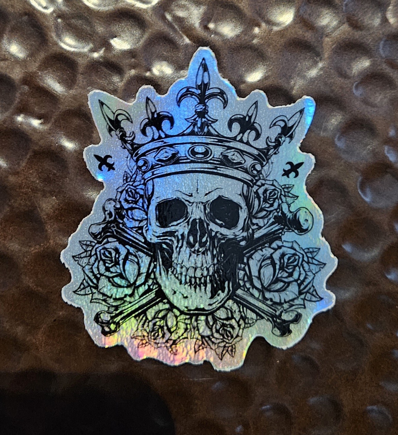SKULL AND CROSSBONES KING w/ ROSES HOLOGRAPHIC Sticker UV Resistant Vinyl 3 inch