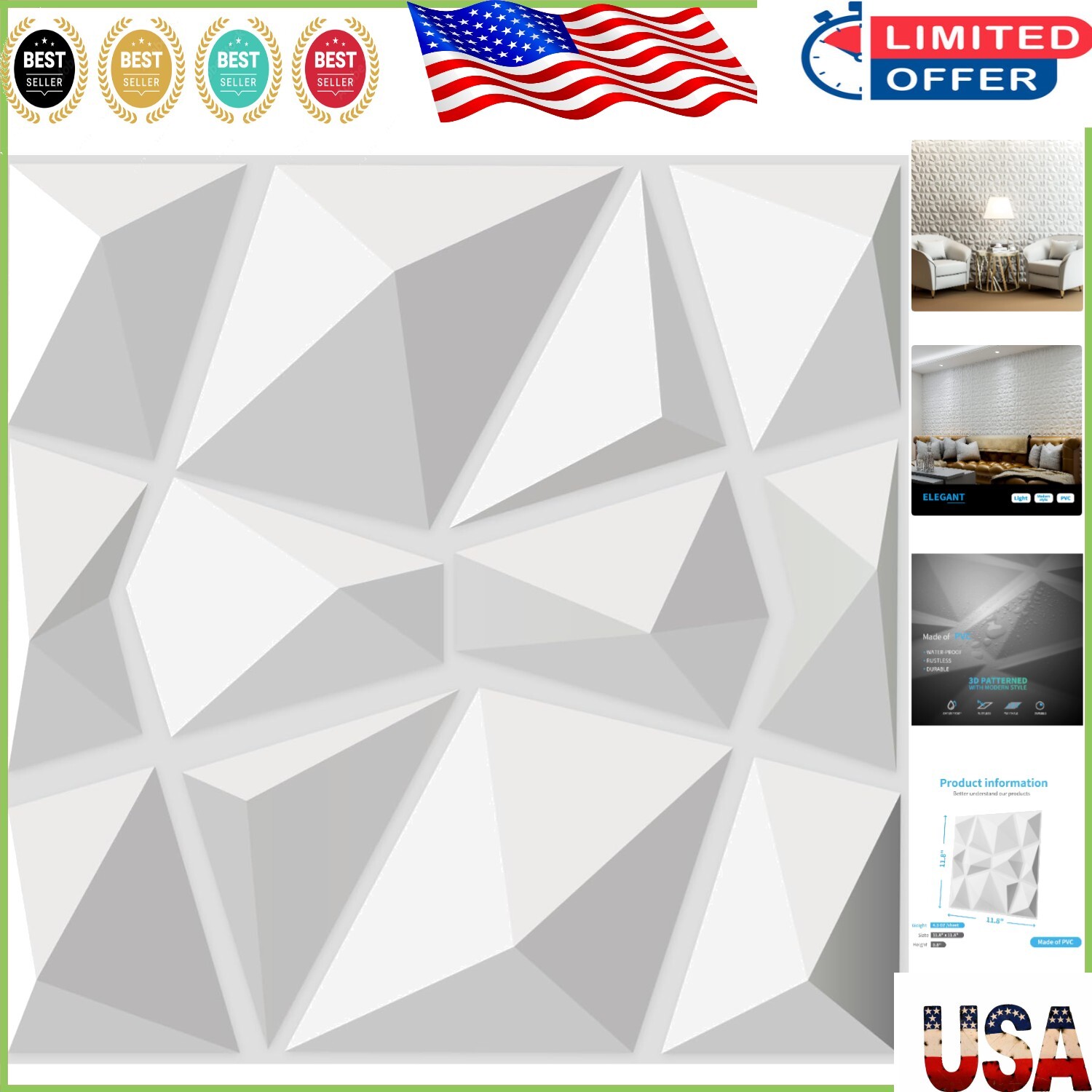 Transform Your Space with 3D Diamond Panels – Matt White 12″x12″ Set of 33