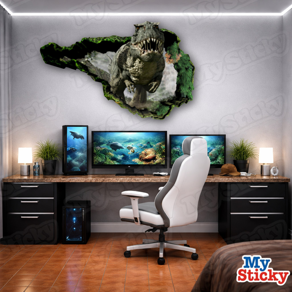 Tyrannosaurus Rex Dinosaur Wall Break Decal Personalized Name Vinyl Sticker Room