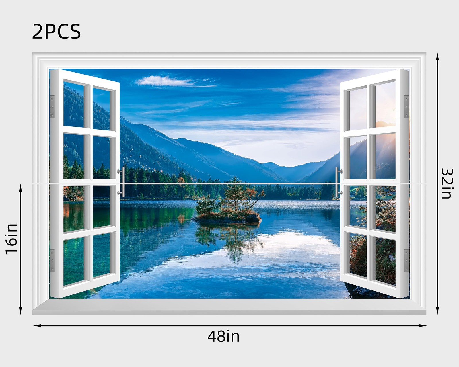 Fake Window Wall Mural – Mountain Lake Faux Window Wall Sticker for Wall Deco…