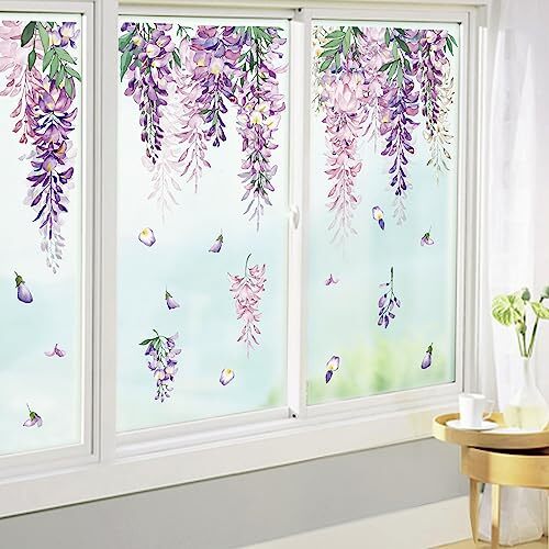 Spring Purple Flower Window Clings Hanging Vine Wisteria Floral Leaf Glass