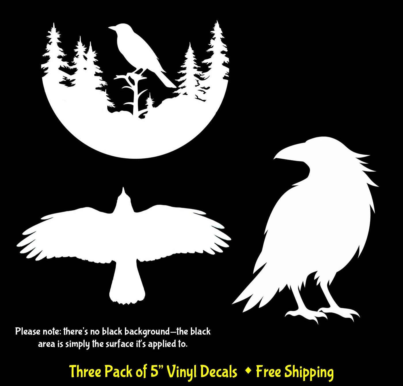 Crow Raven Three Pack of 5″ White or Black Vinyl Decals Car Truck Van Windows