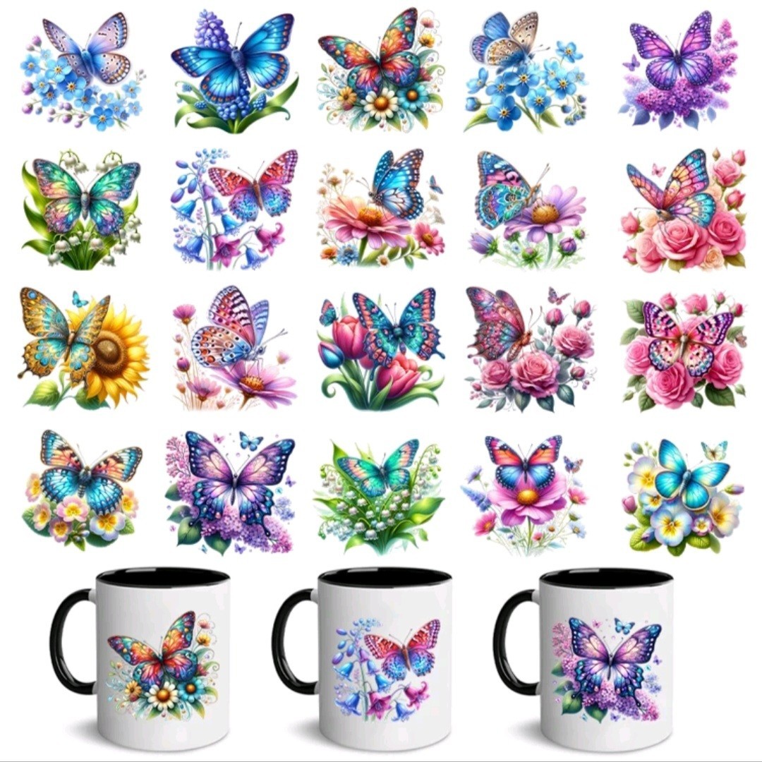 20pcs/Set Butterfly Floral Vinyl Self-Adhesive Decal Stickers 23x29cm for Cups