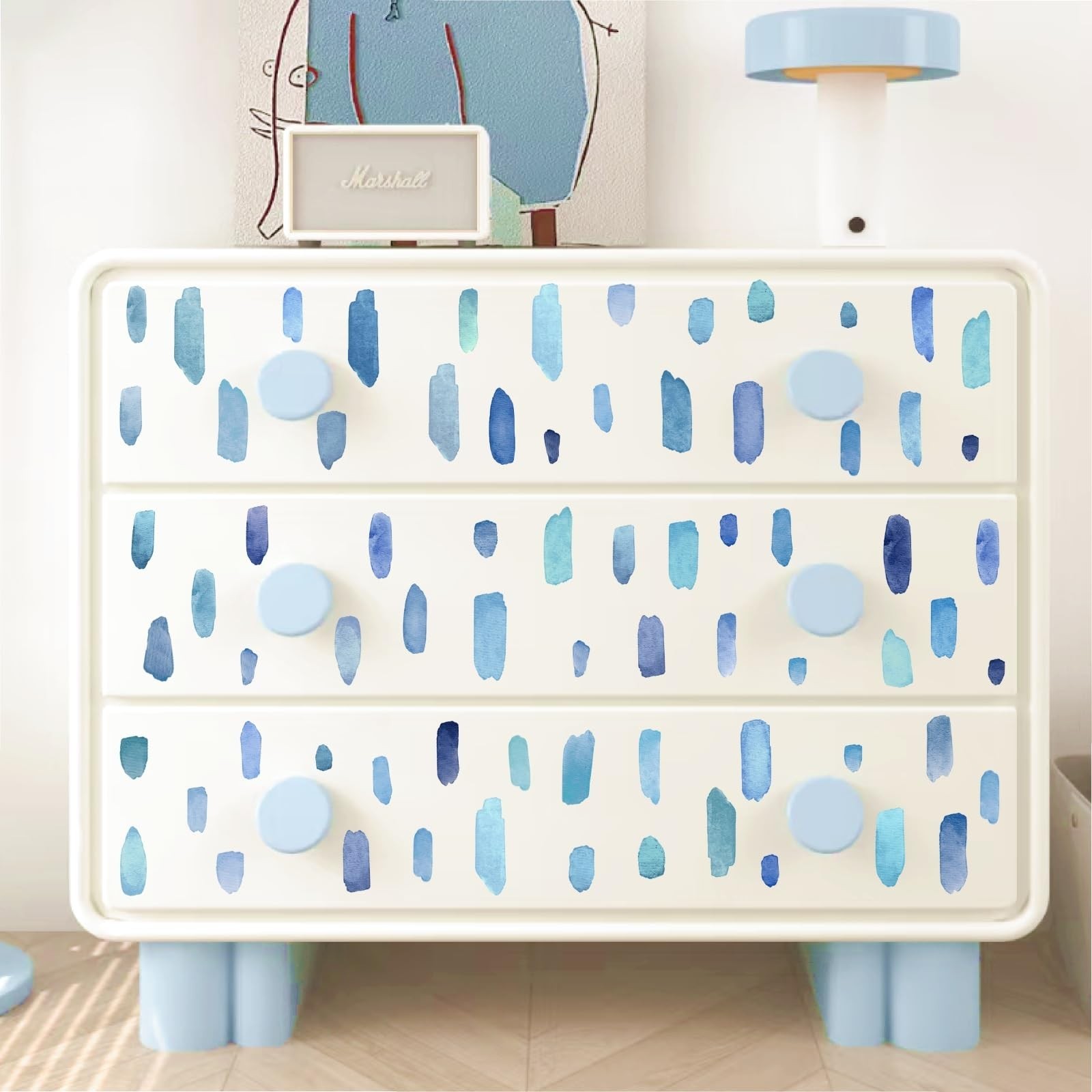 Boho Watercolor Wall Stickers – Removable Blue Stripes Decals for Kids’ Room, Nu