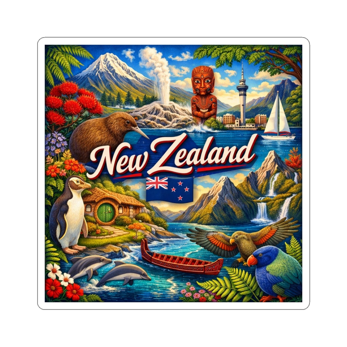New Zealand Sticker | Kiwi, taniwha, haka, mountains