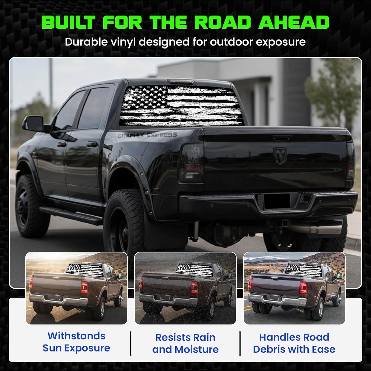 GRAPHIX EXPRESS Truck Back Window Graphics – Black and White American Flag Decal