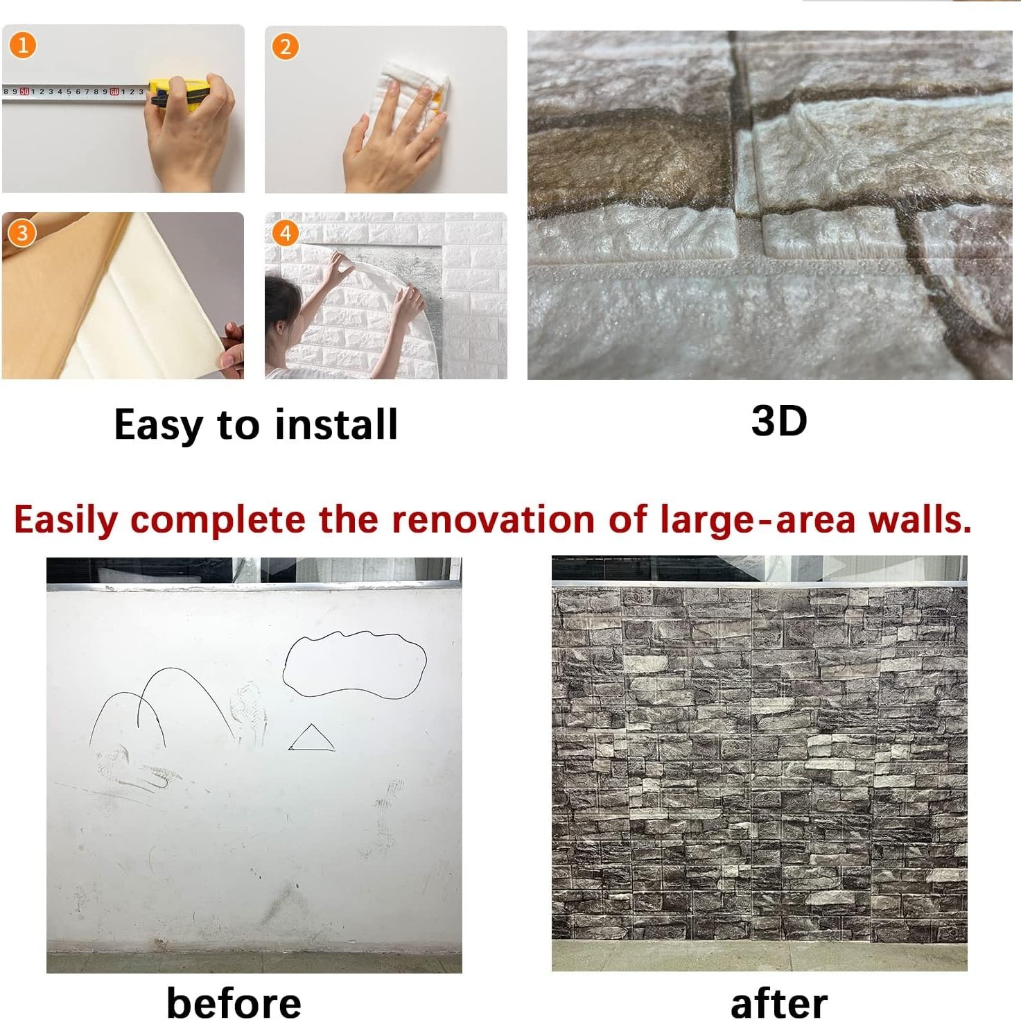Elegant 3D Peel and Stick Wall Panels – 20PCS Faux Stone for Home Makeover`