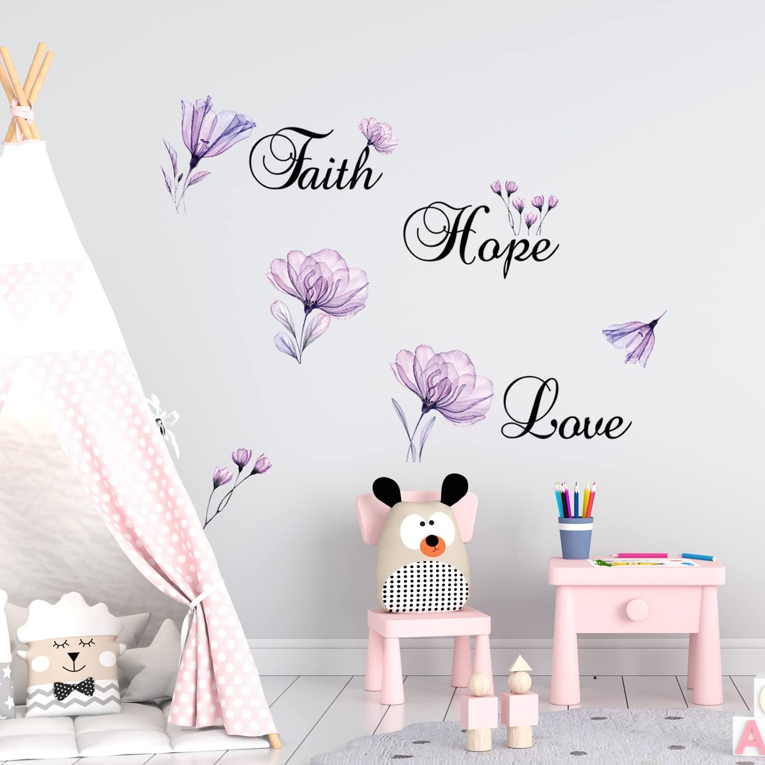 Faith Hope Love Wall Sticker Purple Lily Flower PVC Wall Decal Home Backgroun…