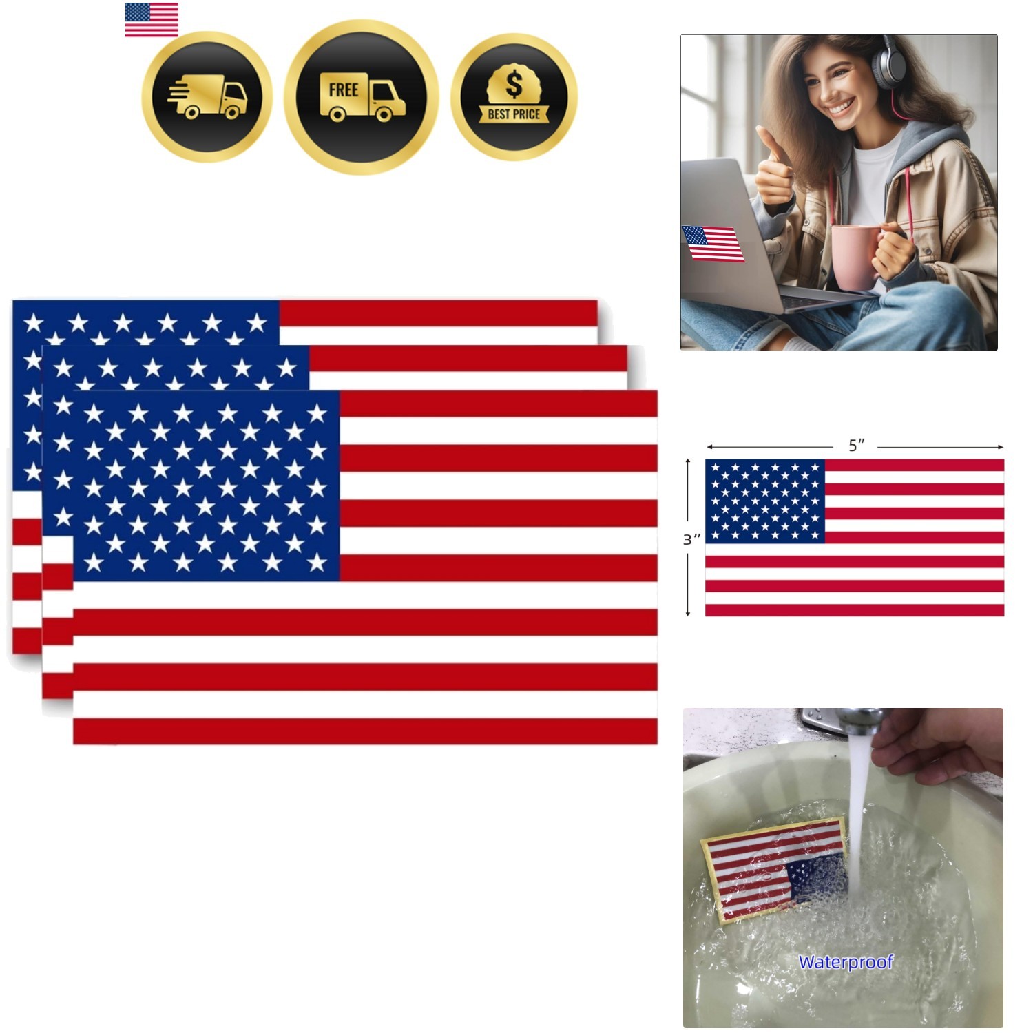 Reflective American Flag Stickers – 3-Pack, 5×3 Inches – Durable & Waterproof…
