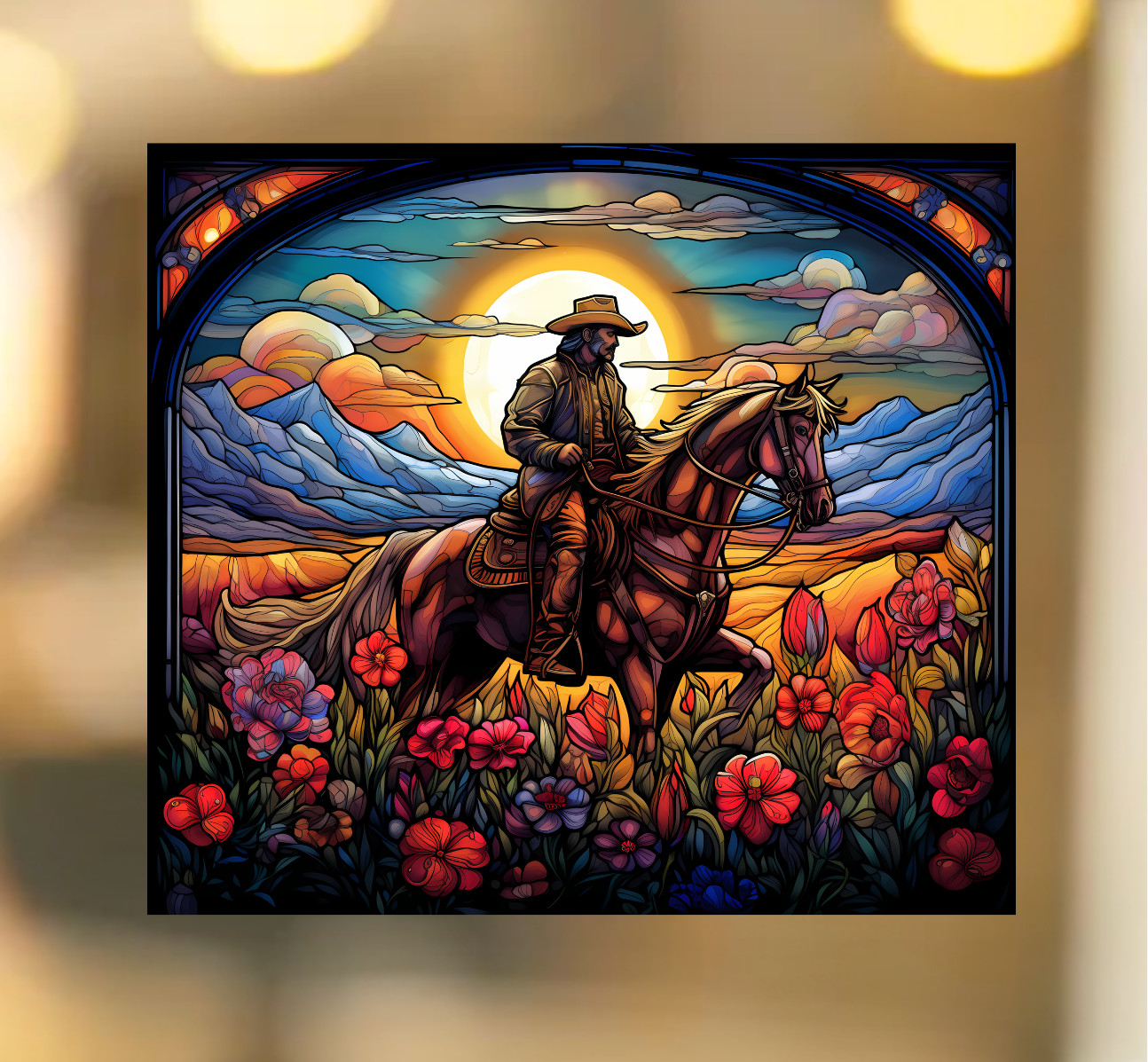 Cowboy on Horse at Sunset Faux Stained-Glass WINDOW CLING Size 9.1″ Vinyl