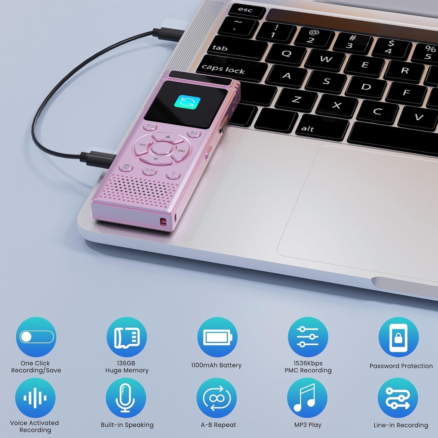 136GB Digital Voice Recorder – 9000 Hours, Voice Activated, Noise Reduction, A-B