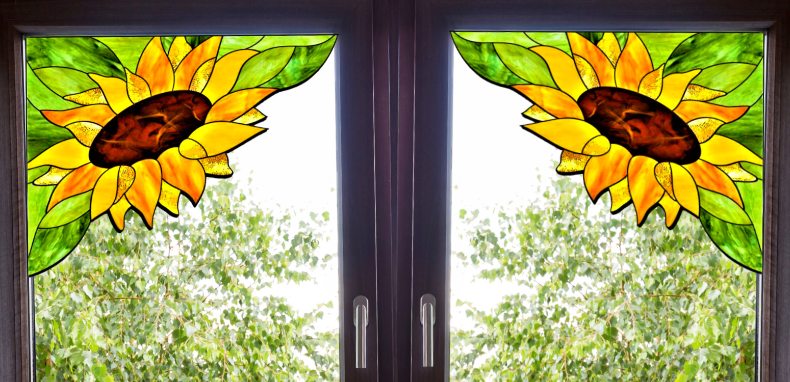 2 Sunflower Corners ~ Faux Stained-Glass WINDOW CLINGS Size 10.4″ Left & Right