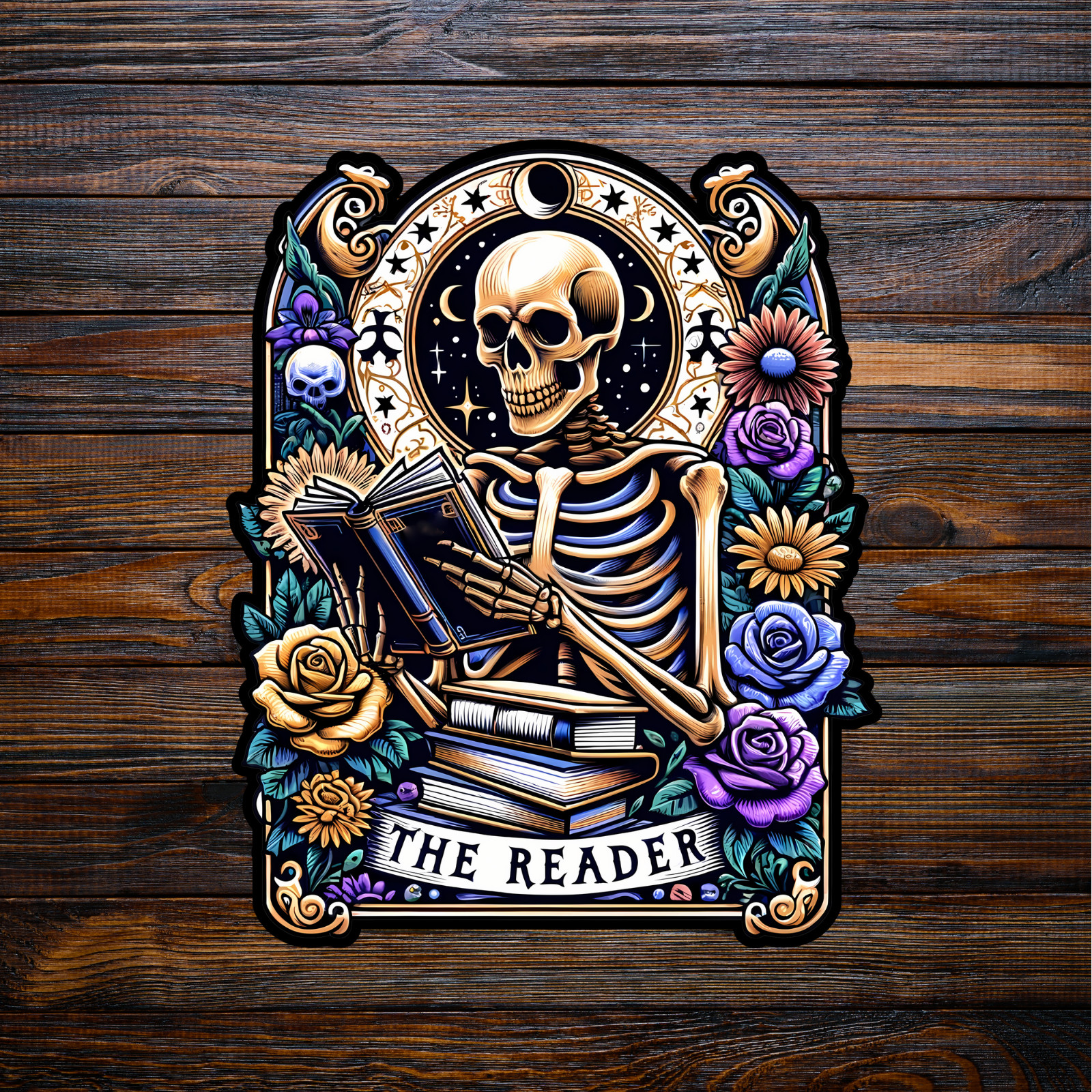 Skeleton tarot card sticker vinyl decal the reader book worm fantasy mythical
