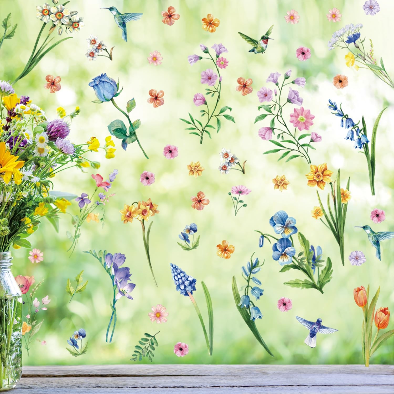 Aryroi Spring Flower Window Sticker Floral Decals Green 12.2×1.3 inch