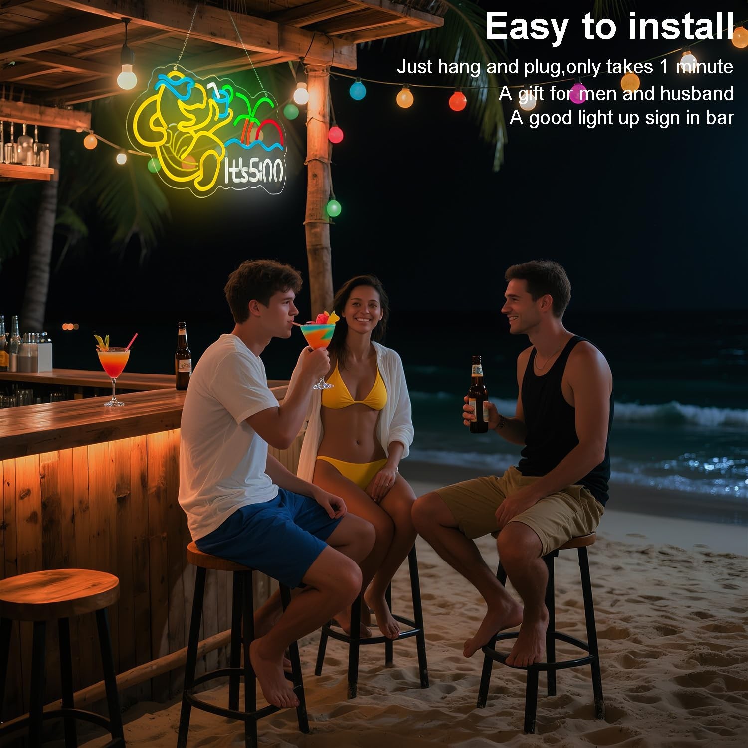 Turtle Have A Drink Neon Signs for Wall Decor, Its 5 00 O’clock Led Neon Ligh…