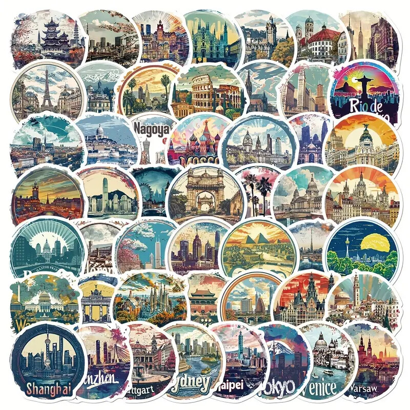 50 Pack World Famous Architecture History PVC Stickers Visually Appealing Decor