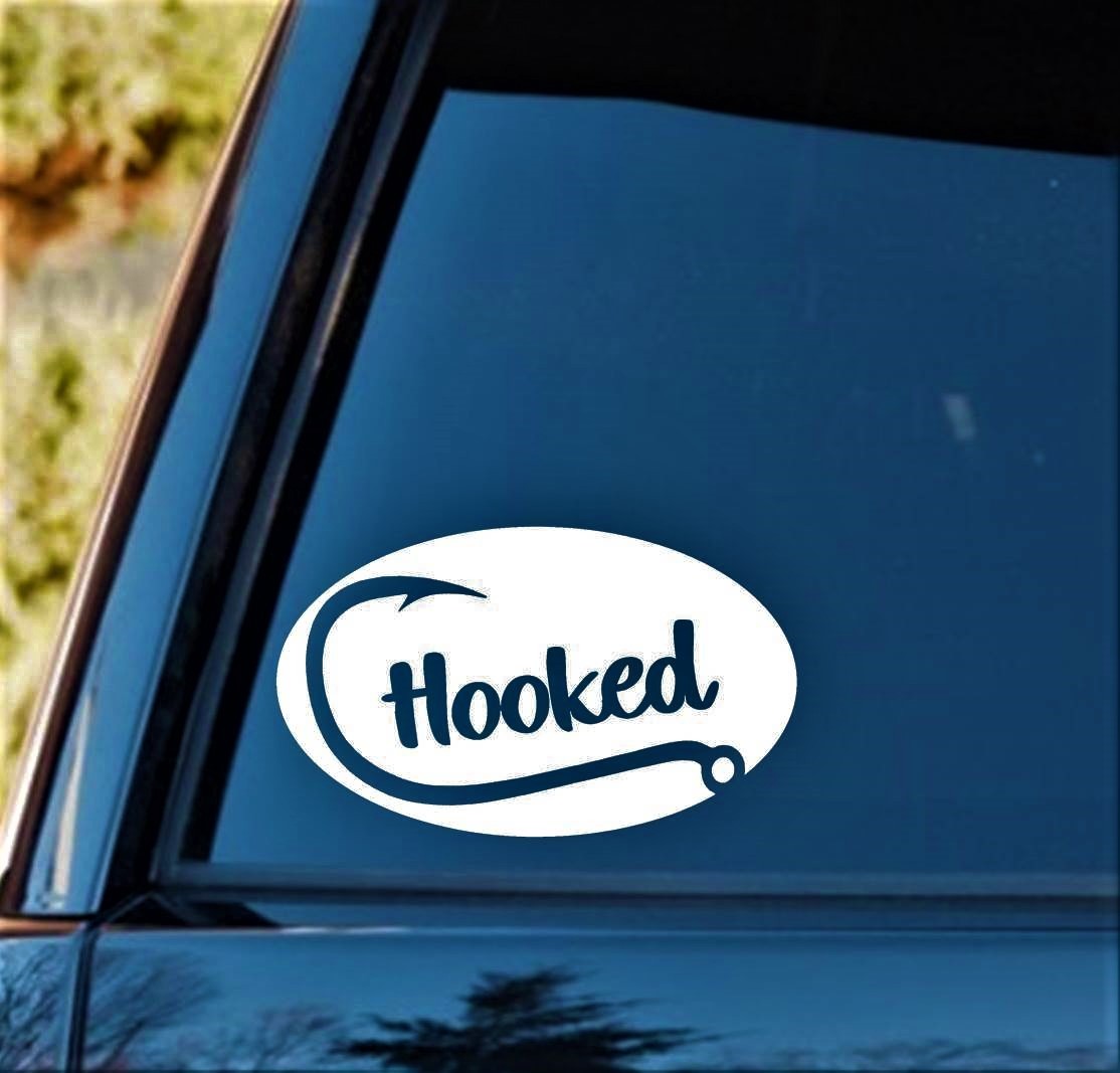 J1089 Hooked Fishing Decal Sticker Car SUV Truck Van UTV Boat Canoe Kayak Fish
