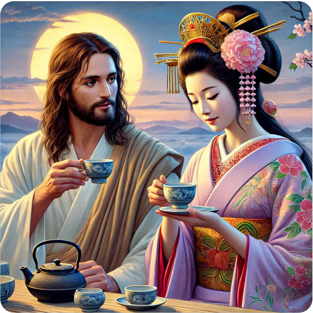 Jesus and Japanese Goddess Amaterasu having tea vinyl sticker – many sizes