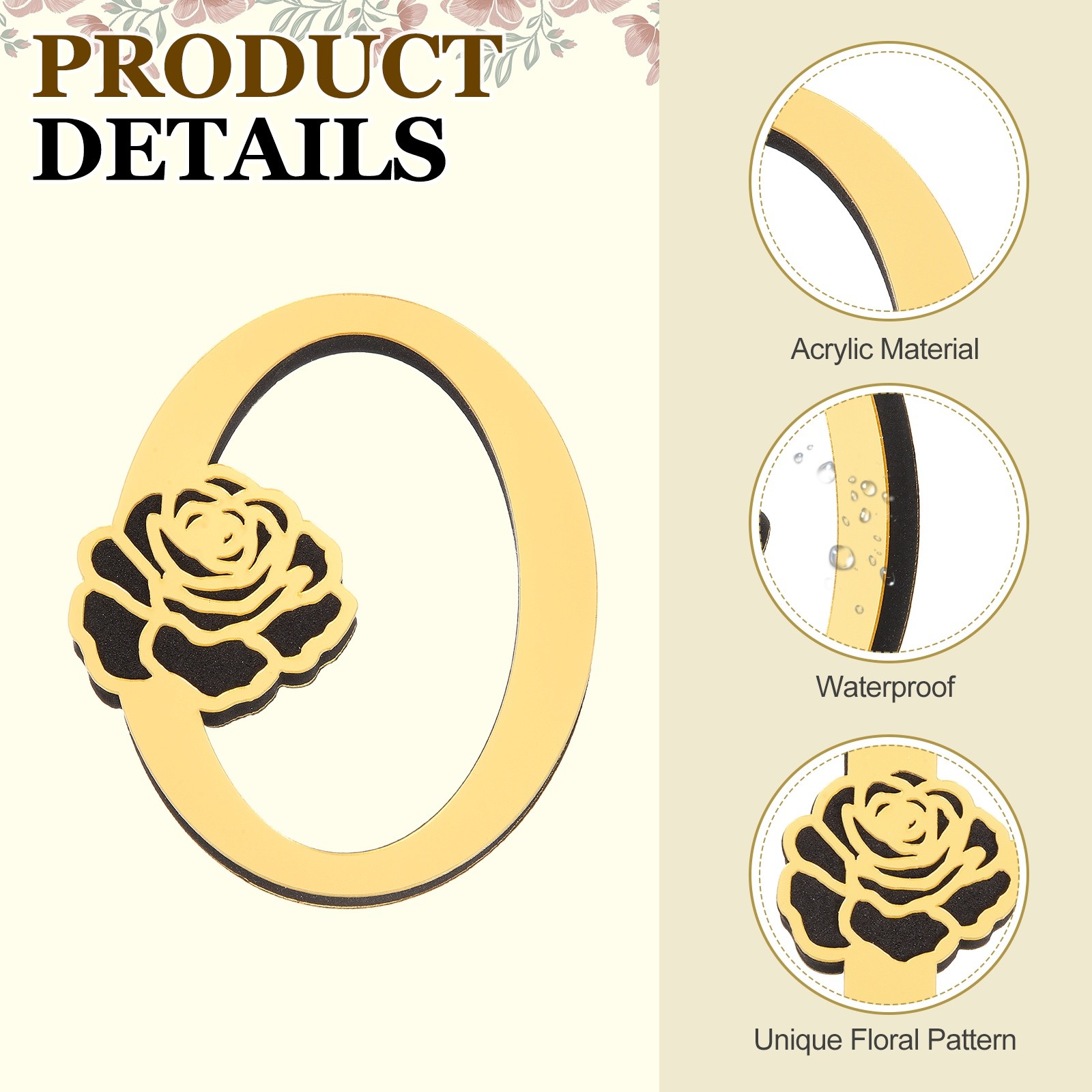 4 Inch 3D Floral Acrylic Alphabet Mirror Wall Stickers Letter O Light Gold