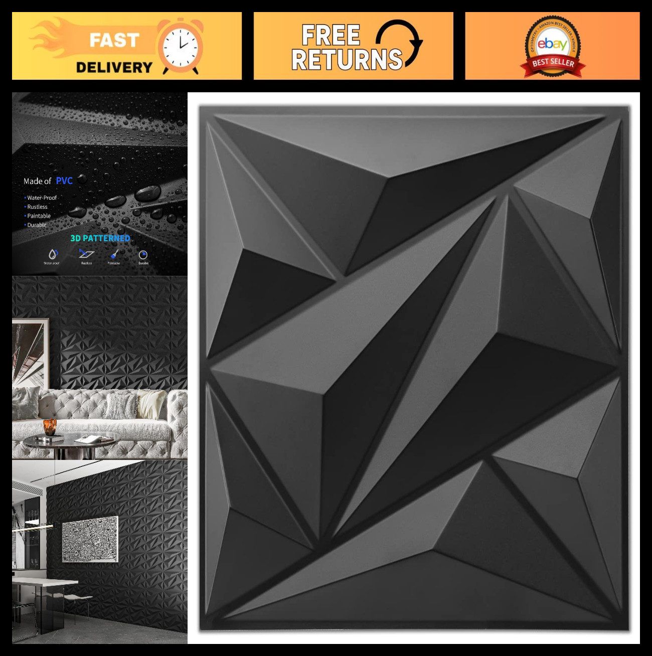 33 Pack 3D Diamond Wall Panels, Black PVC Accent Decor for Living Room, Bedroom,