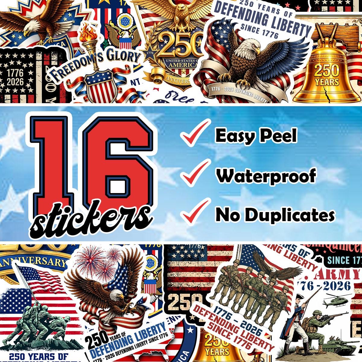 250th Anniversary USA Sticker Bundle 16 PCS | 250 Years of Freedom Semiquincente