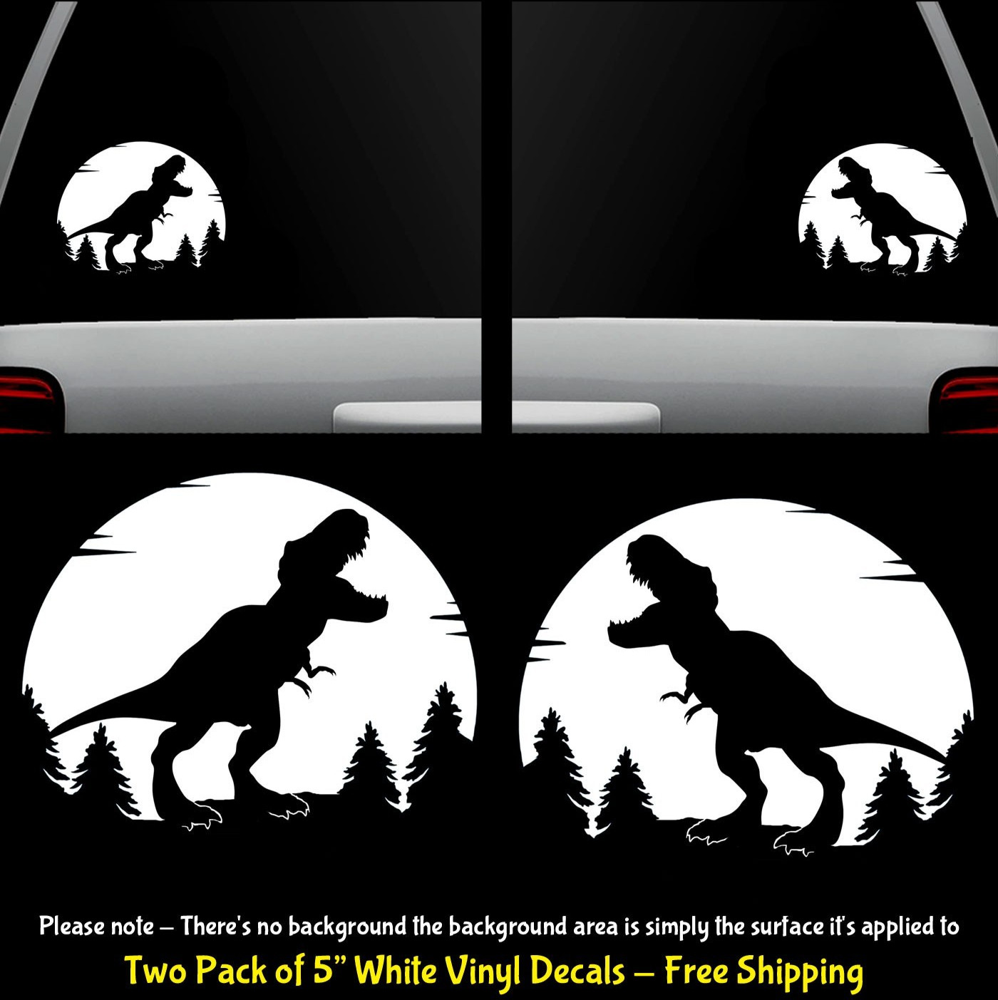 Tyrannosaurus T-Rex Full Moon Two Pack 5″ White Vinyl Decal Car Truck Window