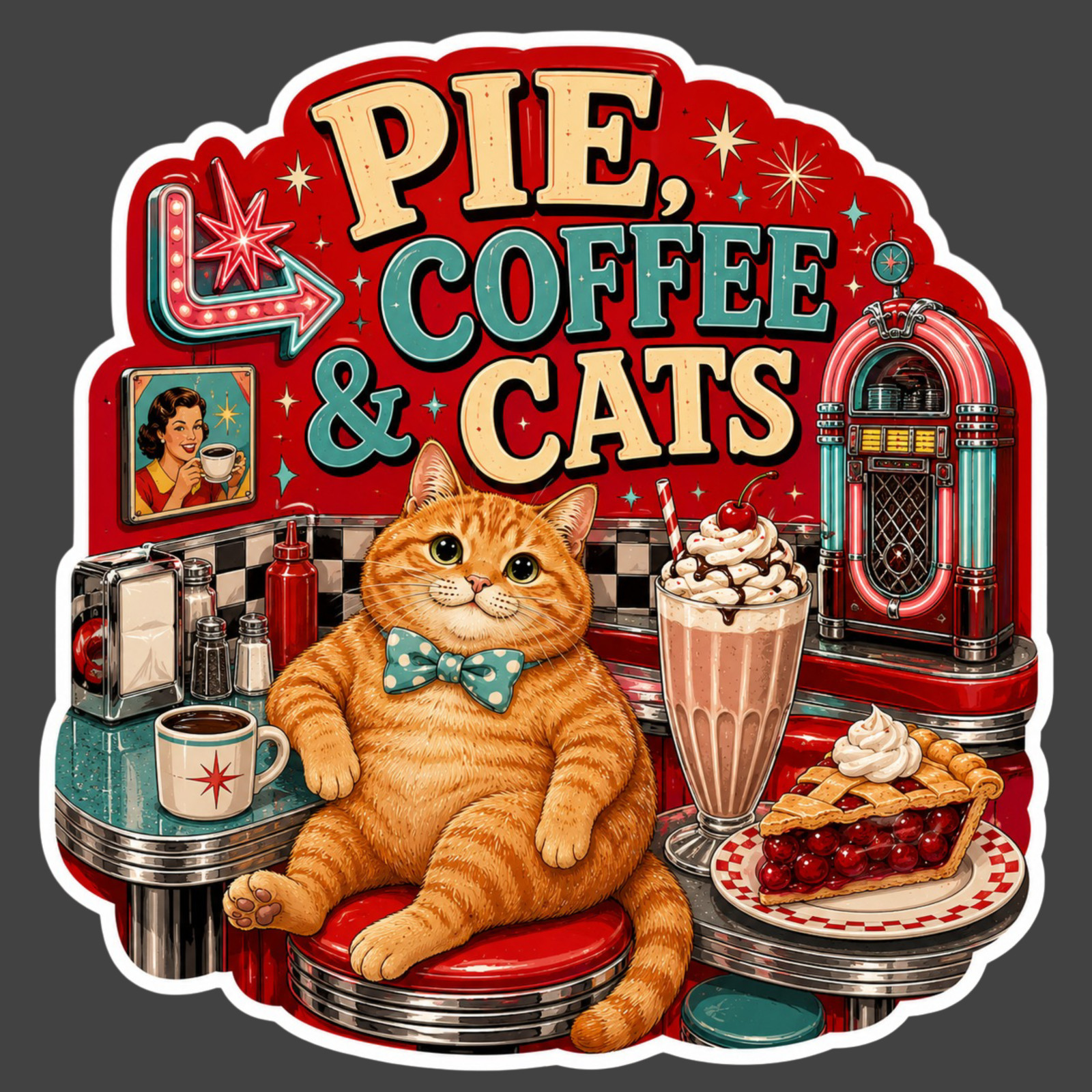 Cat Sticker Vinyl Decal Pie Coffee & Cats Retro Diner Dessert Lover Gift