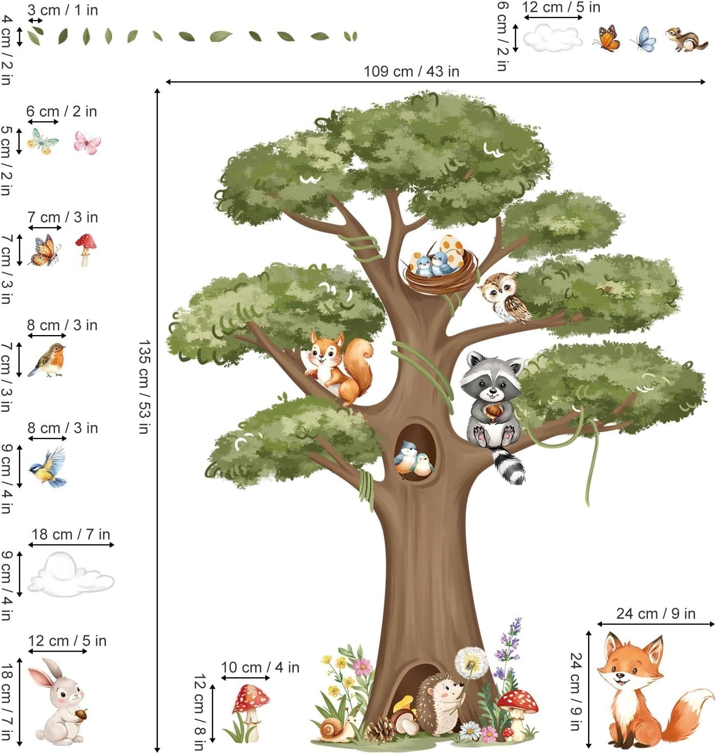 Woodland Animals Large Tree Wall Stickers Forest Animal Fox Rabbit Hedgehog Wall
