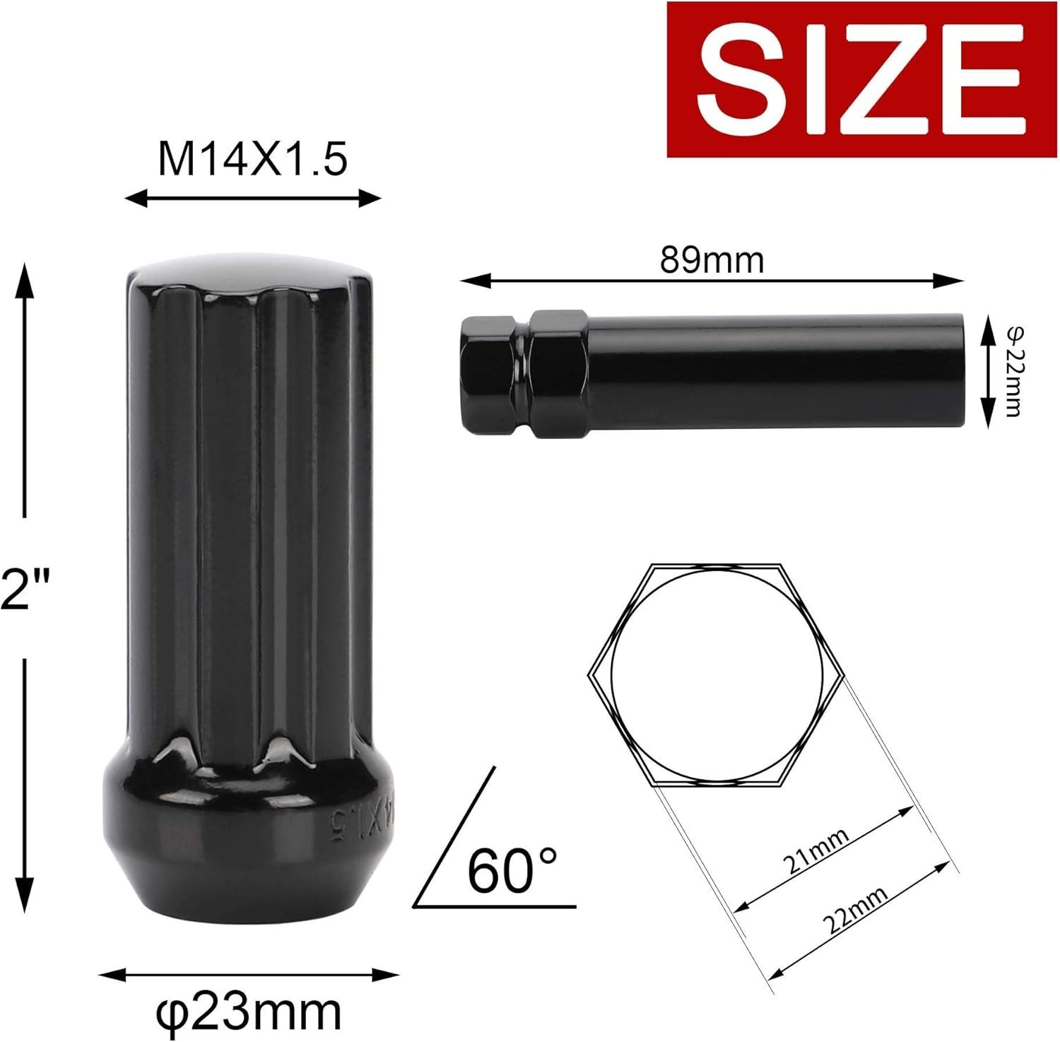 M14X1.5 Wheel Lug Nuts, 32Pcs Black 14Mmx1.5 Spline Lug Nut 2 Inch Tall with 1 S