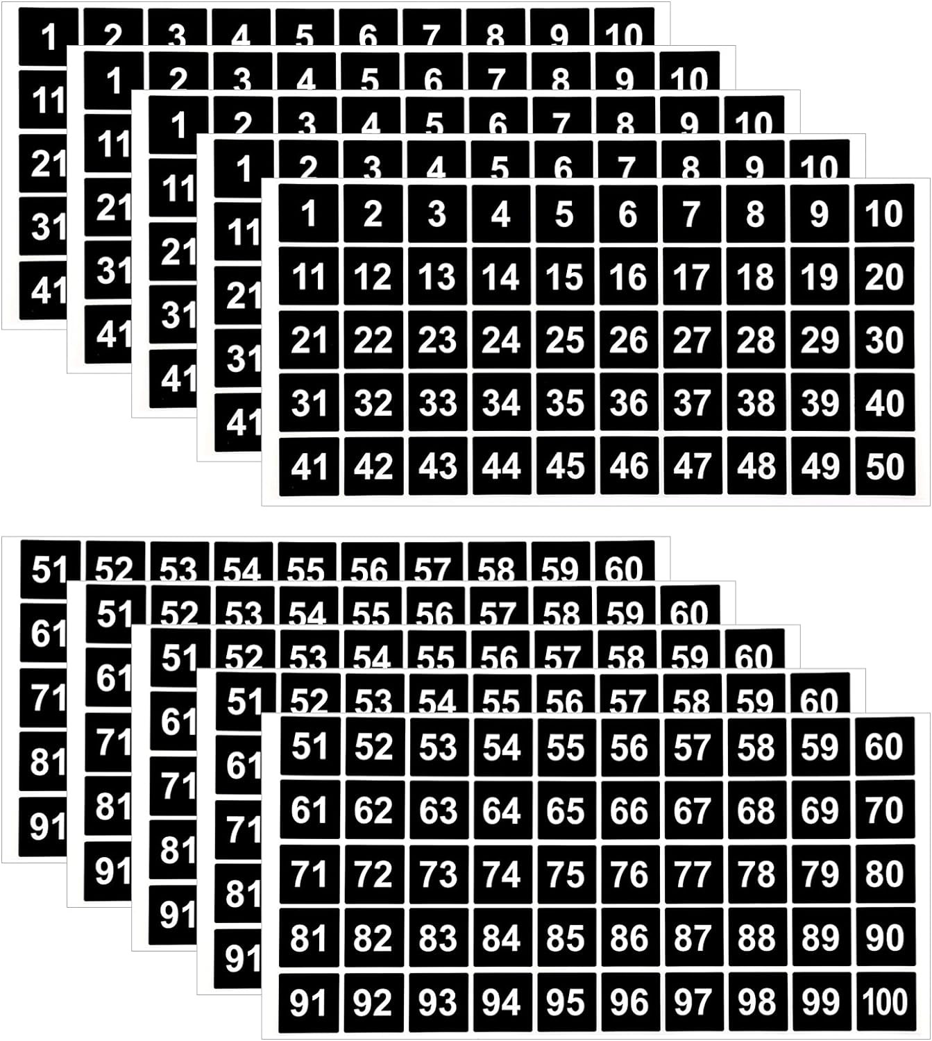 AIEX 10 Sheets Number Stickers 5 Sets of 1-100 Vinyl Square Number Sticker Water