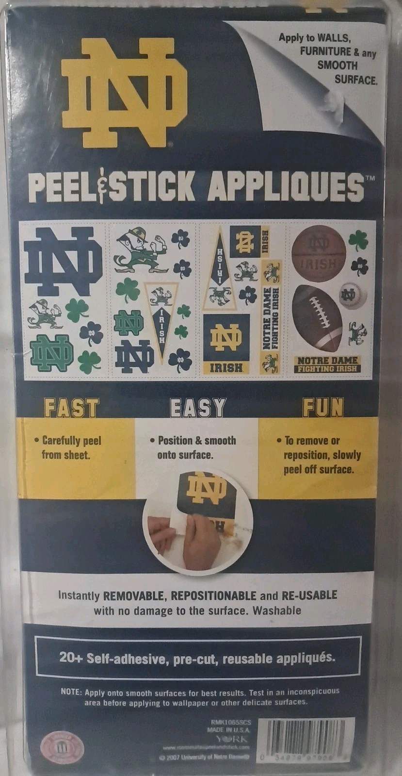 Notre Dame Licensed Product Peel & Stick Appliques 20+ Self Adhesive Reusable