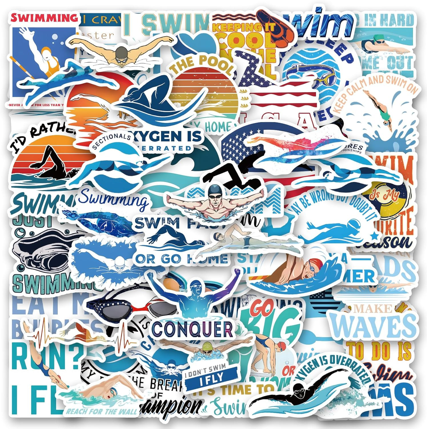 50 Swimming Stickers – Vinyl Waterproof Swim Theme for Kids and Adults