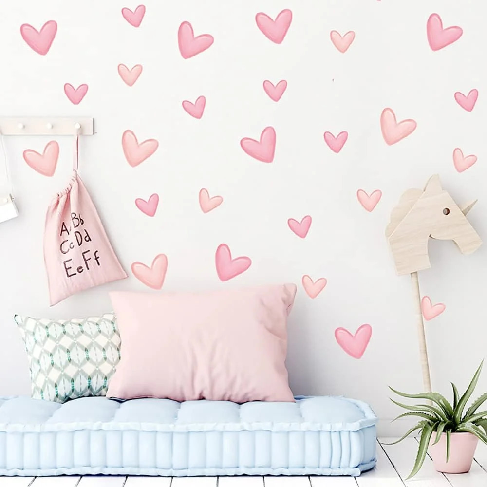 80pcs Pink Heart Shape Wall Stickers for Bedroom Living Room Girls Room Decorati
